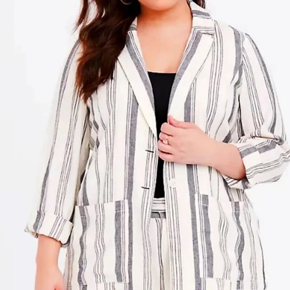 Torrid Grey Stripe Linen Blend Botton Front Blazer Jacket Plus Size 1X